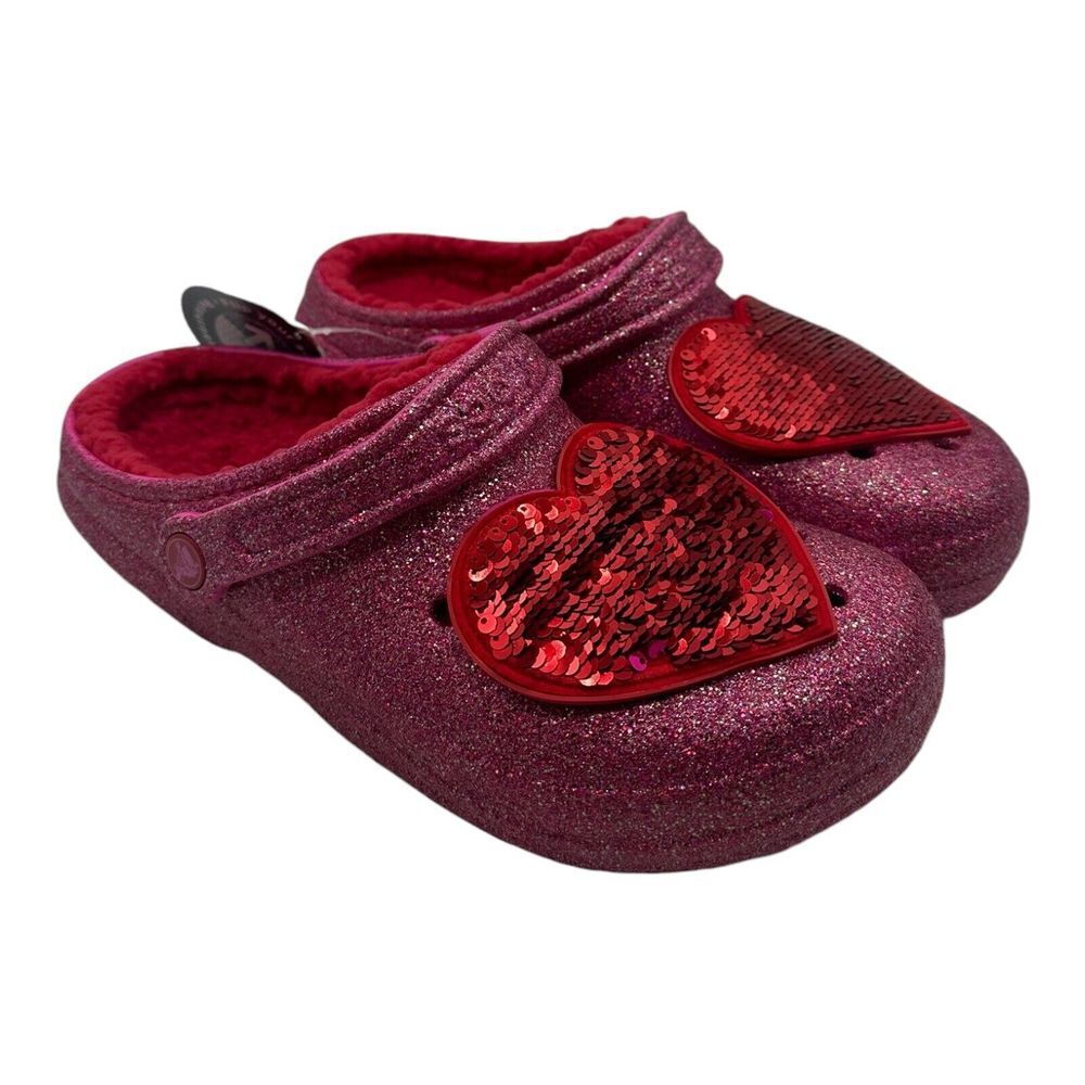 CROCS Classic Lined Pink Glitter Heart Clog Valentine's Day Sequin Womens Size 8